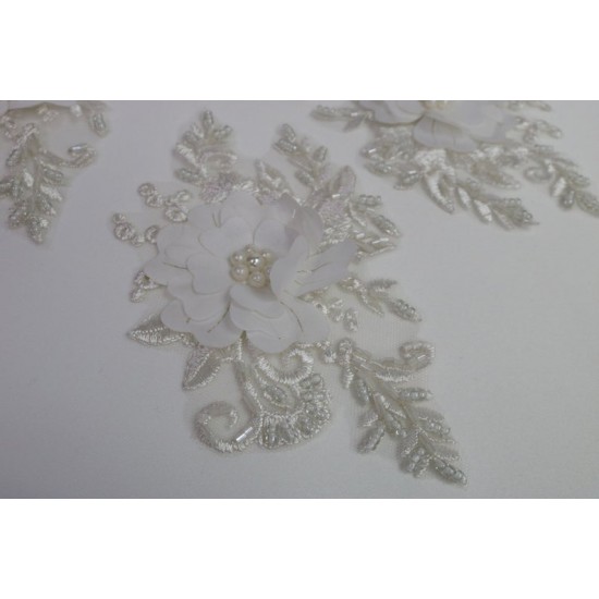 Pair Ivory 3D Embroidered Beaded Lace Applique