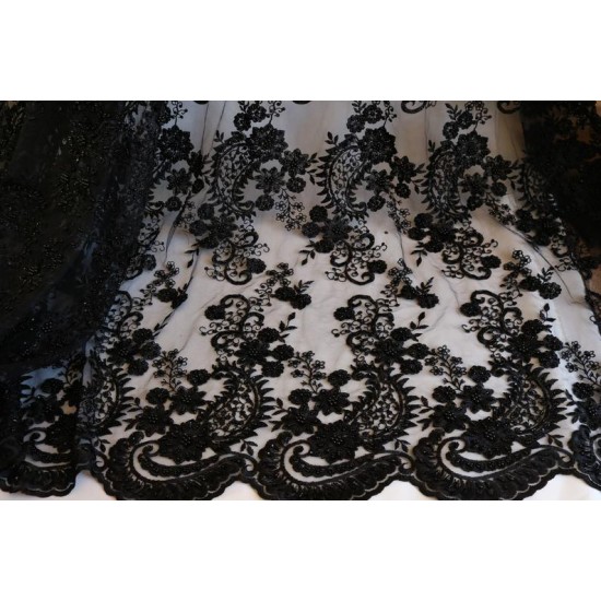 Beaded Embroidery Lace Fabric, Black Colour, 51