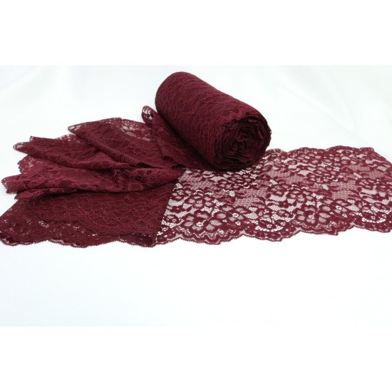 Fine Stretch Lace, Dark Red colour, 7" / 18cm Width