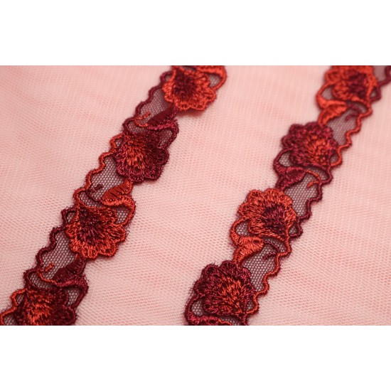 Embroidered Lace trim red & burgundy, flower trim 0.8"wide