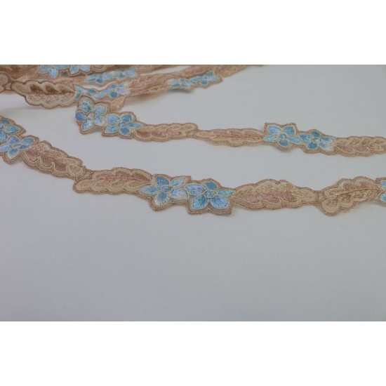 Embroidered Lace Trim, Beige and Blue colour, 2cm Width