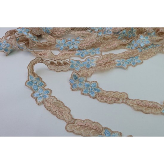 Embroidered Lace Trim, Beige and Blue colour, 2cm Width